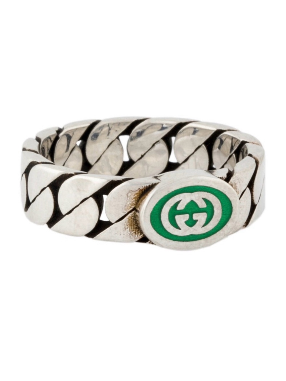 Gucci Silver Chain-Link Ring with Green Logo Oval
